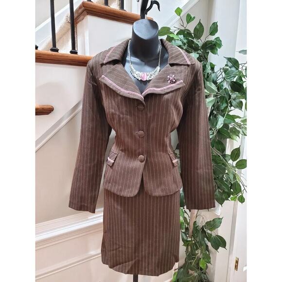 Sheri Martin Women Brown Polyester Single Breasted Jacket & Skirt 2 Pc's Suit 12 - Picture 1 of 12